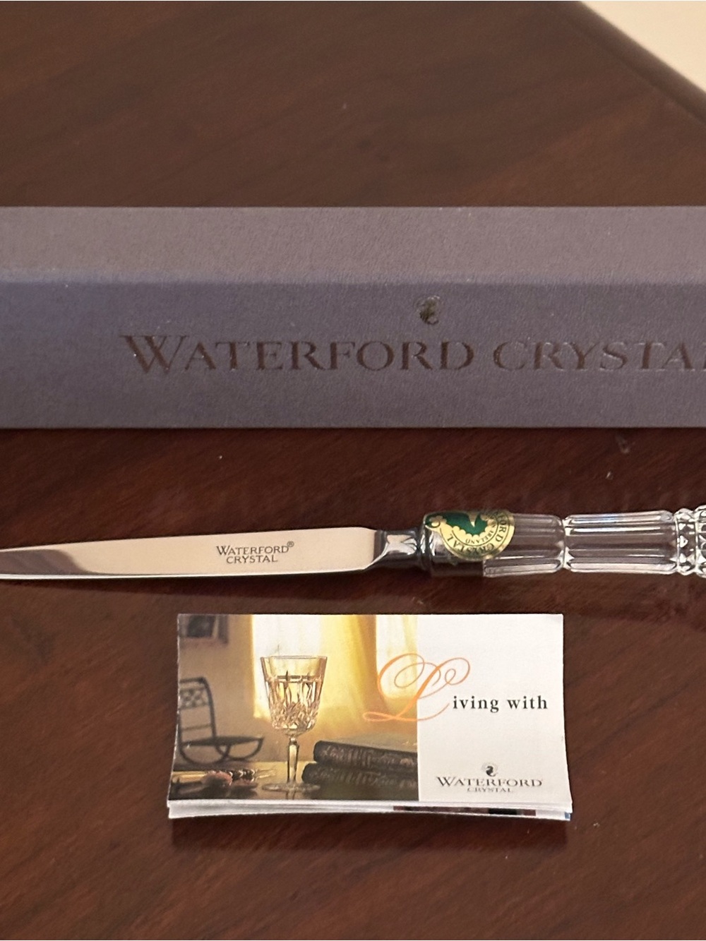 Waterford Crystal Clear Faceted Handle Knife with Green & Gold Medallion